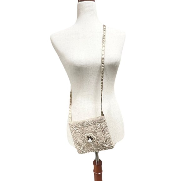 Cottage Core Tan Small Beaded Cloth Bag Boho Chic EuroSummer - Picture 2 of 8